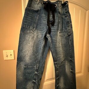 Stylish Women's Denim Flare Jeans with Black Drawstring